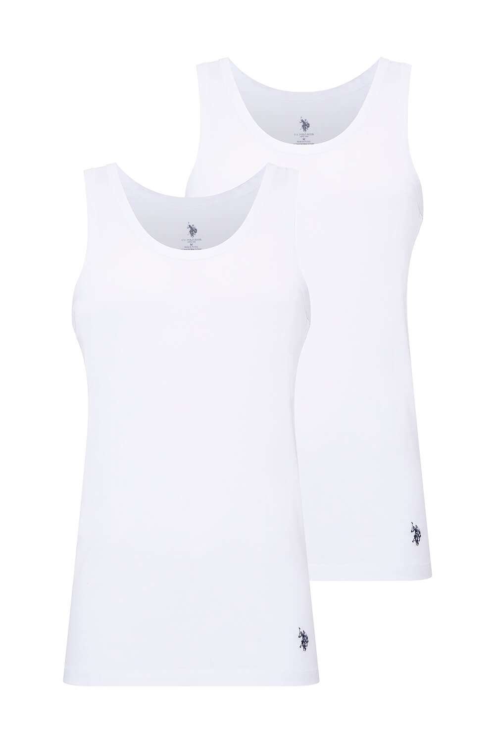 طقم فانيلات رجالي من U.S. Polo Assn. موديل 80189، عبوة من قطعتين، مصنوع من 47% قطن، و47% مودال، و6% ليكرا، باللون الأبيض.