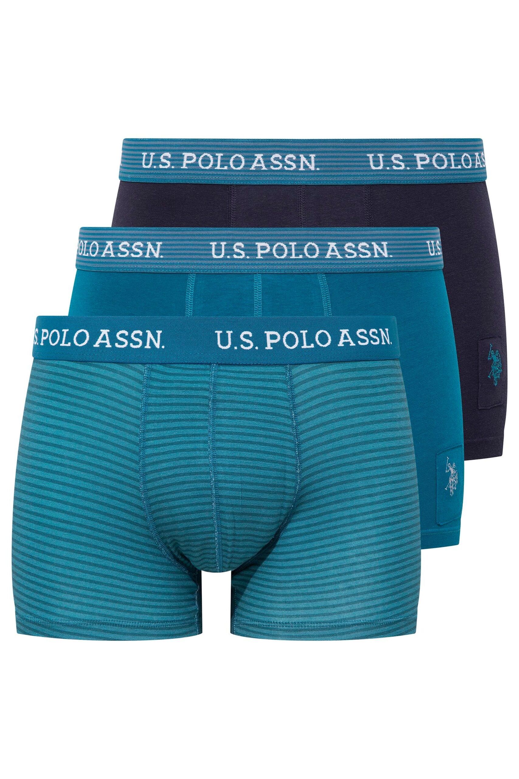 U.S. Polo Assn. 80515، طقم بوكسر رجالي مطبوع (3 قطع)، مصنوع من القطن والليكرا، بالألوان الكحلي والأخضر.