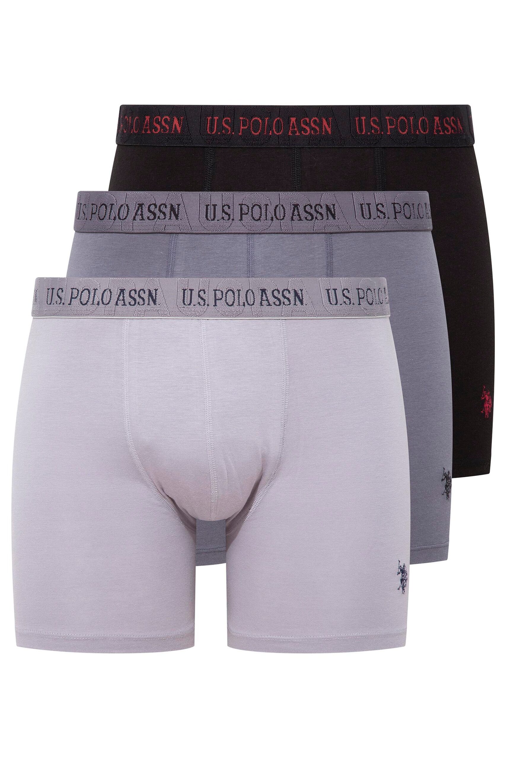 U.S. Polo Assn. 80517، طقم بوكسر رجالي طويل (3 قطع)، مصنوع من القطن والليكرا، بالألوان الأسود والرمادي والأنثراسيت.
