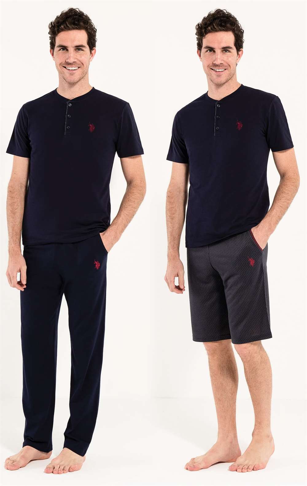 U.S. Polo Assn. 12005، طقم بيجامة وشورت رجالي، قطن، ياقة بأزرار مع جيوب، باللون الكحلي.