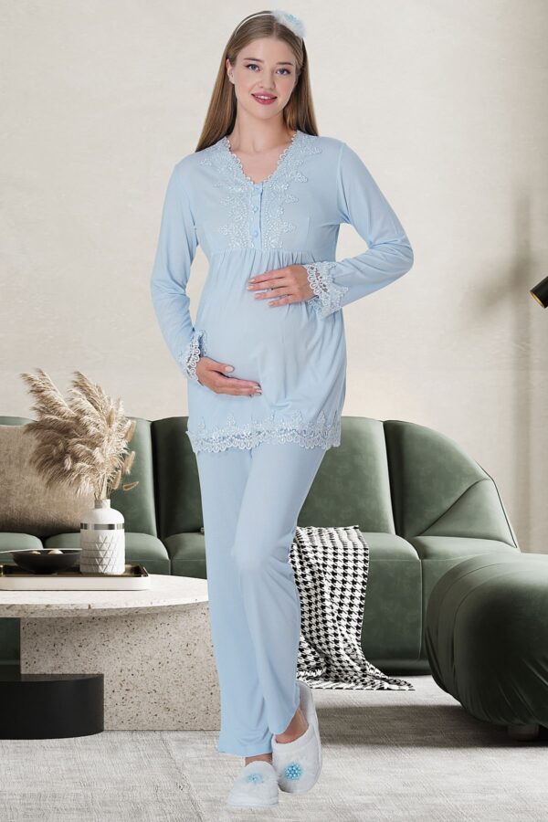 Lacy 4 Season Breastfeeding Compartment Pregnant and Postpartum Pajamas Set Blue