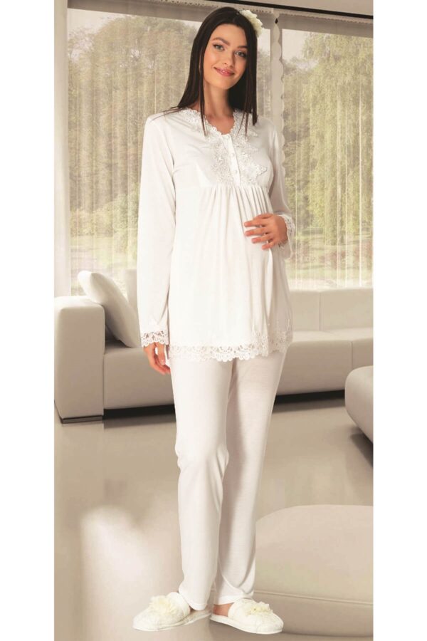 Lacy 4 Season Breastfeeding Compartment Pregnant and Postpartum Pajamas Set Ecru
