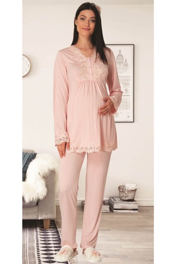 Lacy 4 Season Breastfeeding Compartment Pregnant and Postpartum Pajamas Set Powder