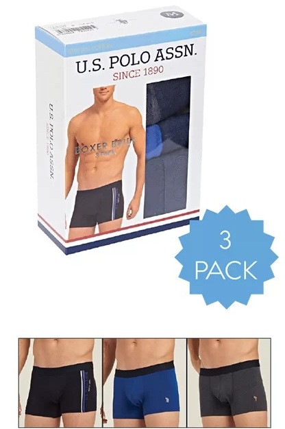 U.S. Polo Assn. 80307 3 Pack Cotton Lycra Mens Boxer Set Navy Blue Saxe Blue packaging