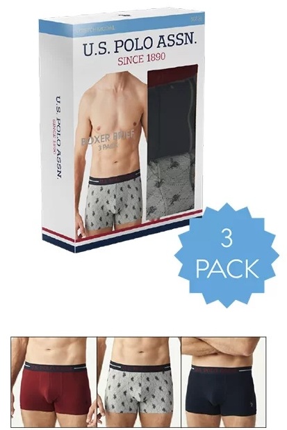 U.S. Polo Assn. 80328 3 Pack Cotton Lycra Mens Boxer Set Burgundy Navy Blue Grey packaging