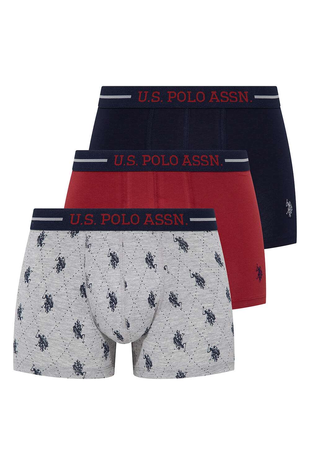 U.S. Polo Assn. 80328 3 Pack Cotton Lycra Mens Boxer Set Burgundy Navy Blue Grey