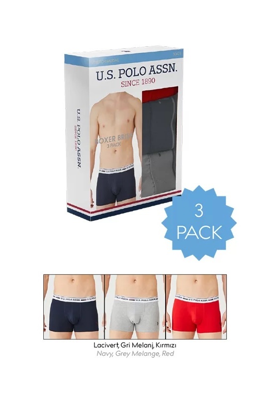 U.S. Polo Assn. 80431 3 Pack Cotton Lycra Mens Boxer Set Red Grey Navy Blue packaging
