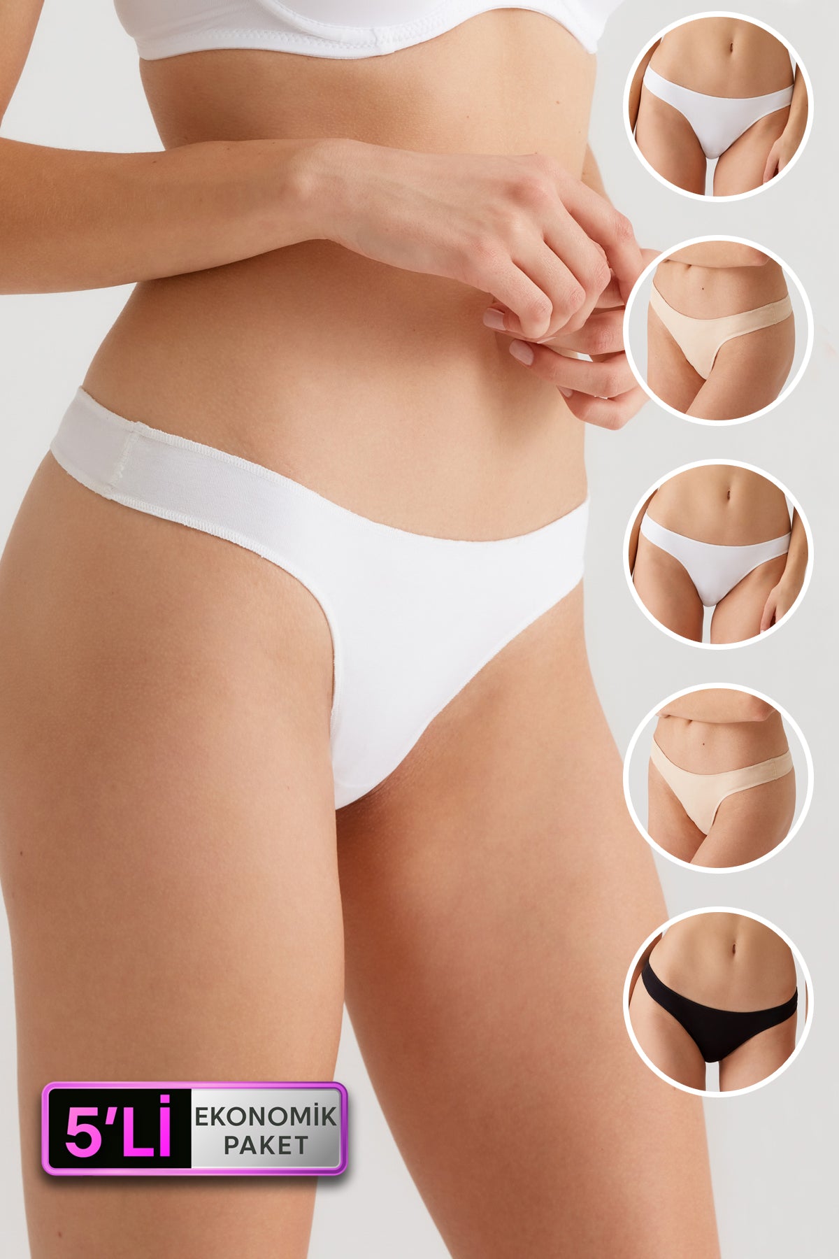 Pierre Cardin 2051, 5 Pack, Low Waist, Cotton, Women’s No Show String Panty Set, Invisible Lines, Black & White & Beige1