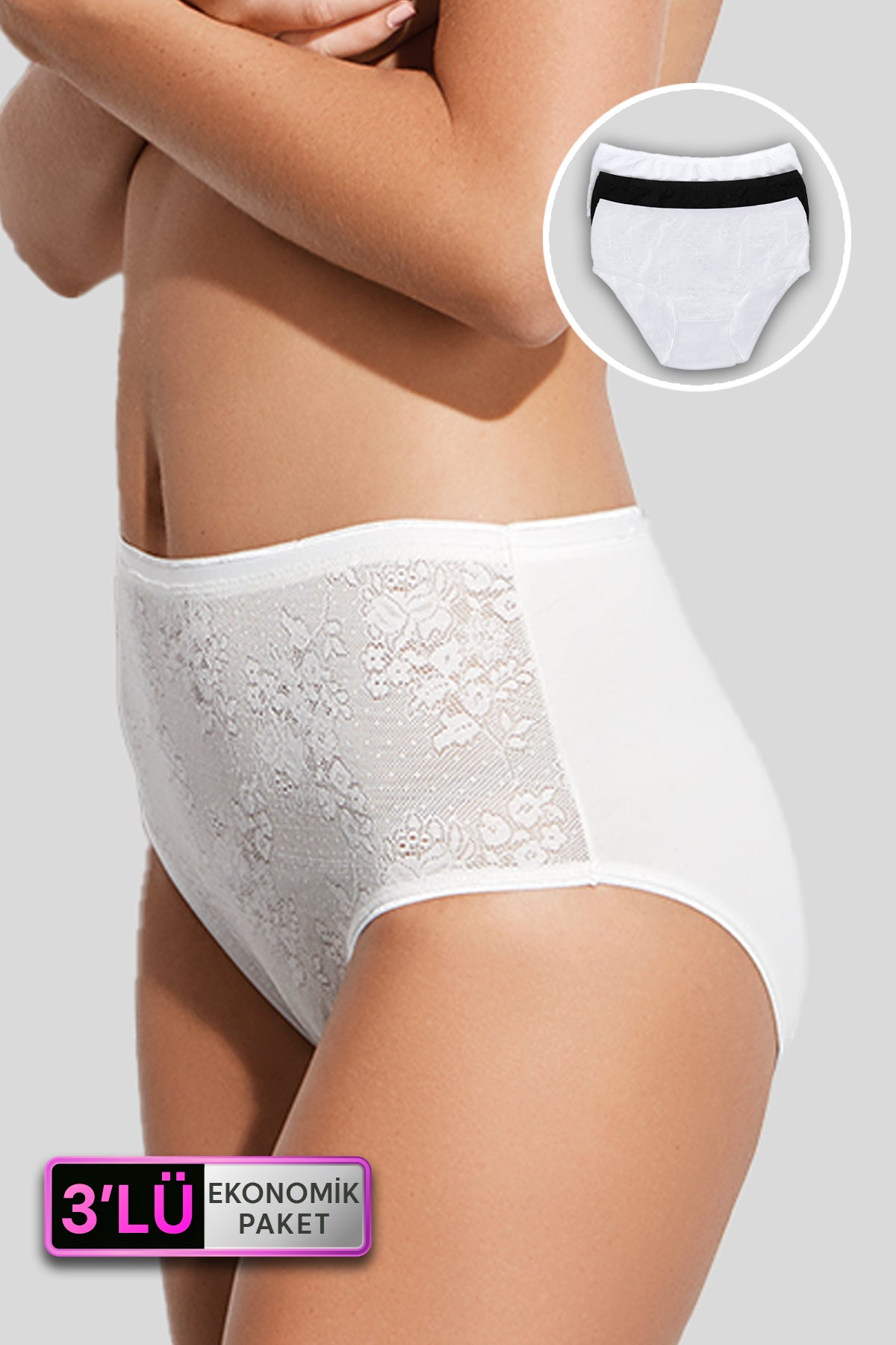 Pierre Cardin 2230, 3 Pack, Lace Front, Cotton, Women’s Basic Bato Brief Panty Set, Black & Ecru & Powder Pink2