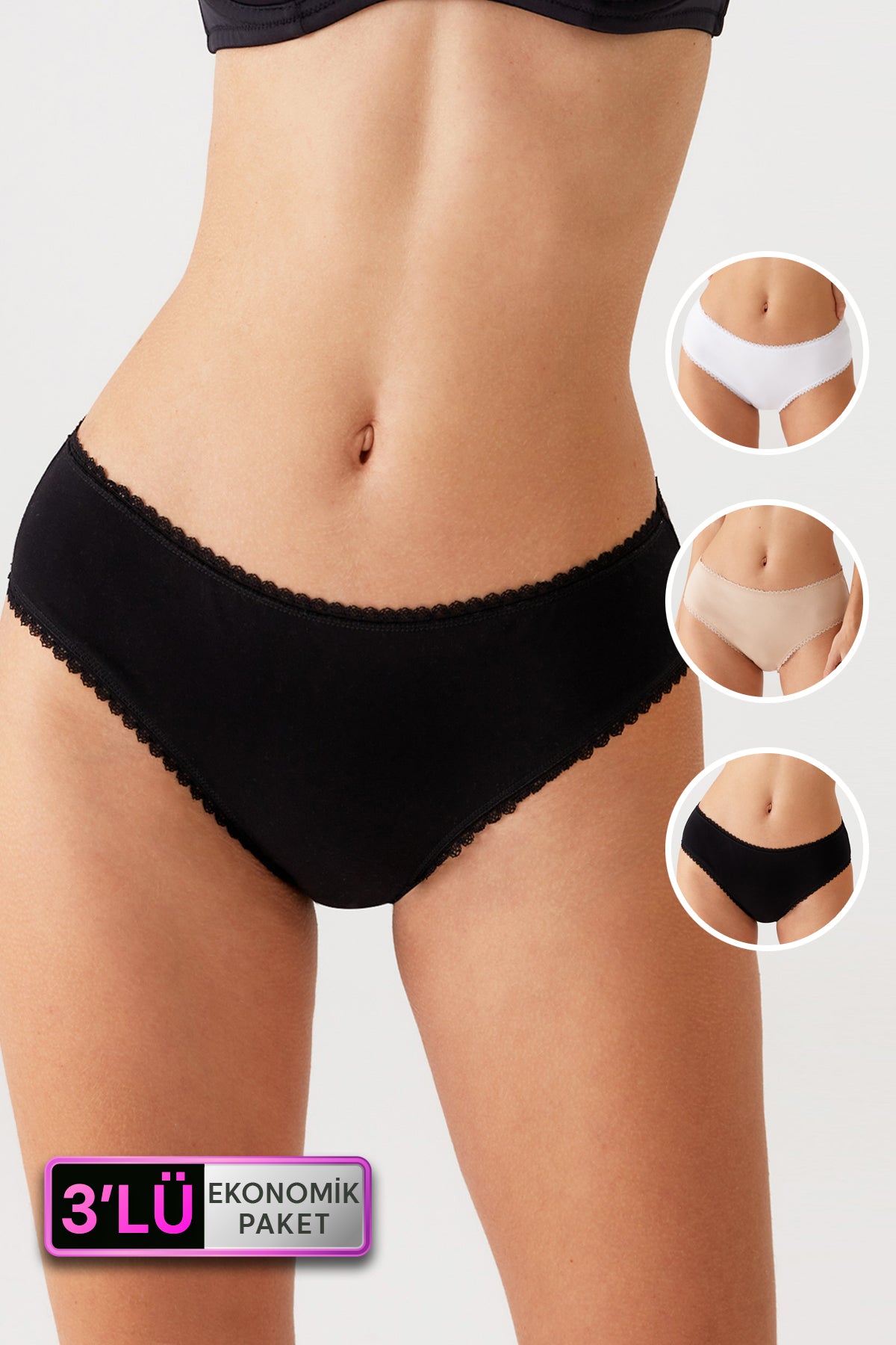 Pierre Cardin 2238, 3 Pack, Cotton Jersey Slip Panty with Chain Lace Trim, Black & White & Beige1