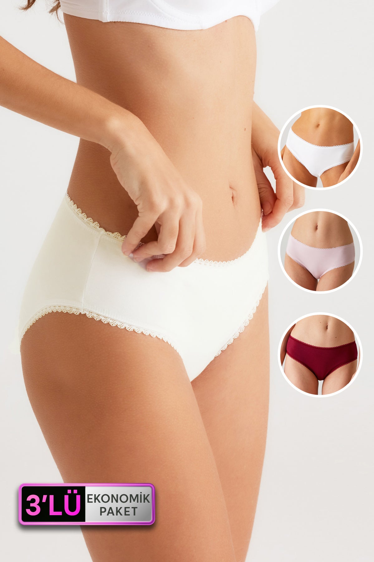 Pierre Cardin 2238, 3 Pack, Cotton Jersey Slip Panty with Chain Lace Trim, Burgundy & Ecru & Powder Pink1