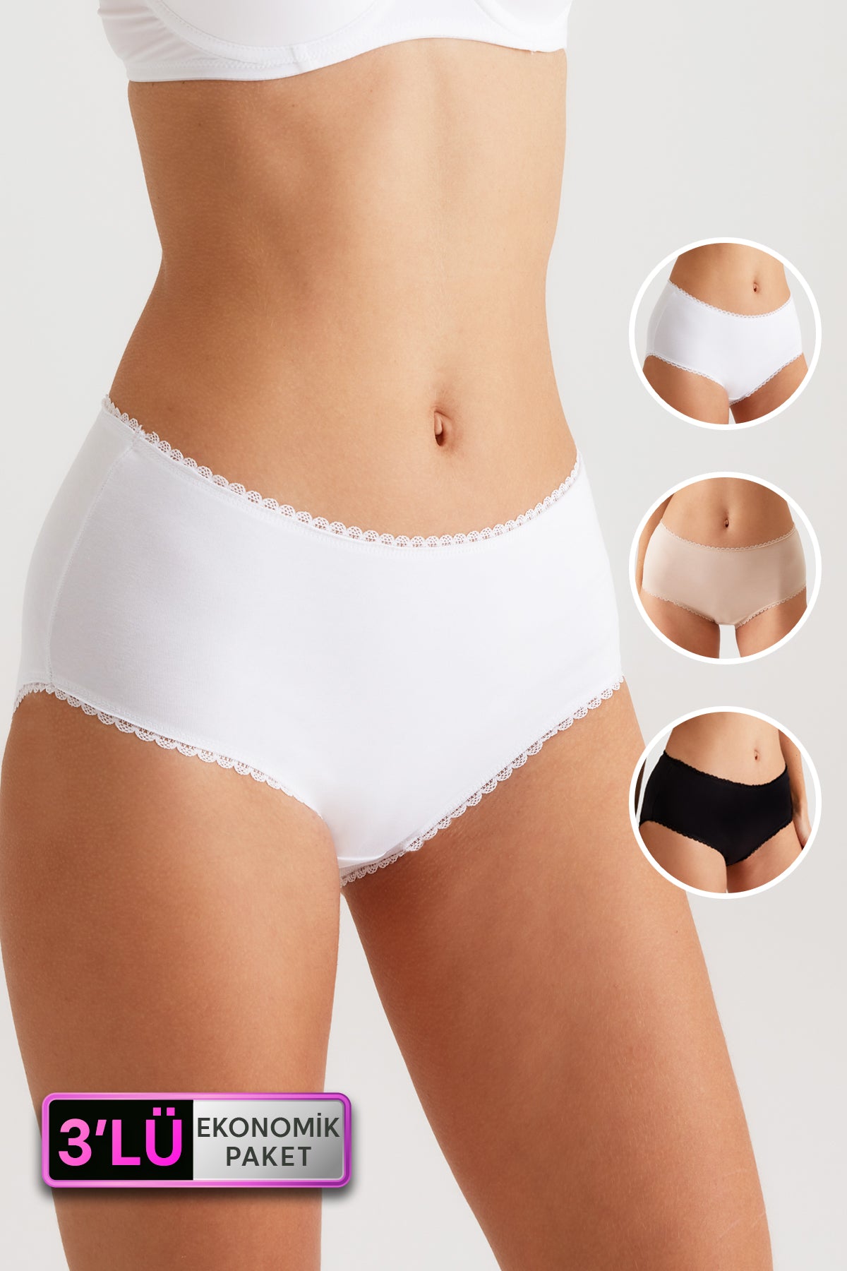 Pierre Cardin 2239, 3 Pack, High Waisted Cotton Bato Panty with Chain Lace Trim, Black & White & Beige1