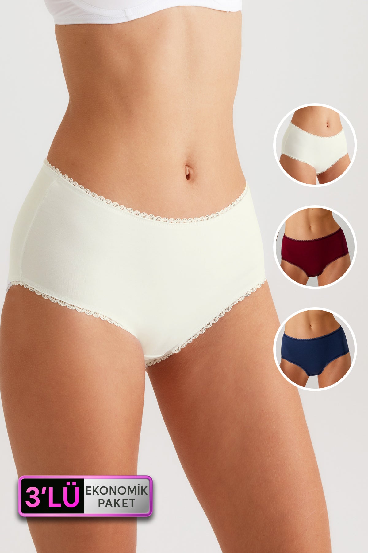 Pierre Cardin 2239, 3 Pack, High Waisted Cotton Bato Panty with Chain Lace Trim, Burgundy & Ecru & Navy Blue1