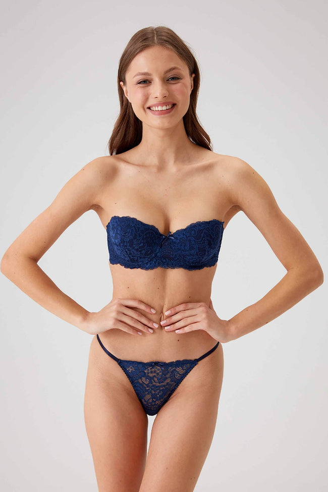 Pierre Cardin 4032 Pisa, Strapless Underwired Push Up Padded Bra and Panty Set Navy Blue1