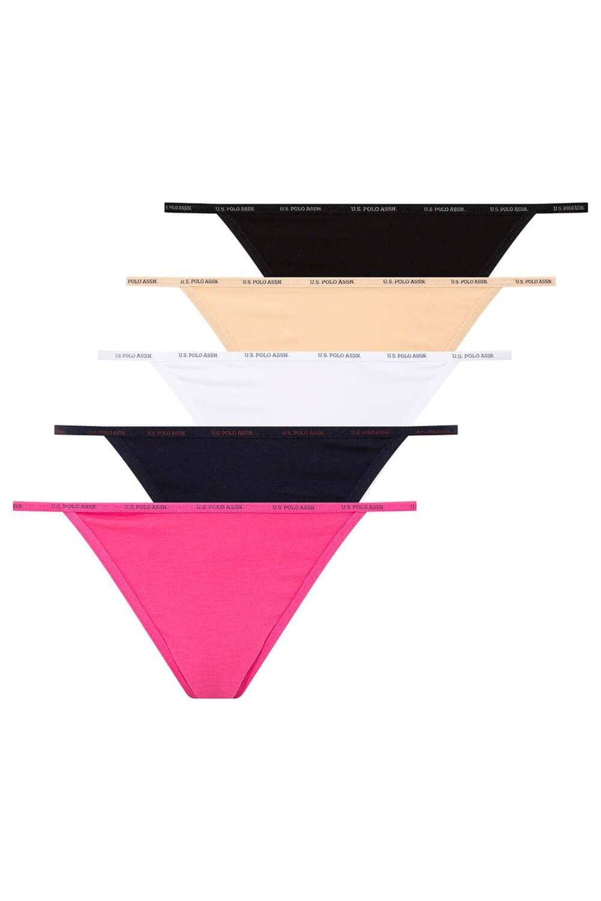 U.S. Polo Assn. 67000, Cotton & Modal & Lycra, 5 Pack, Solid Colors, Women’s V Thong Panty Set, Fuchsia & Beige & Black & White & Navy Blue