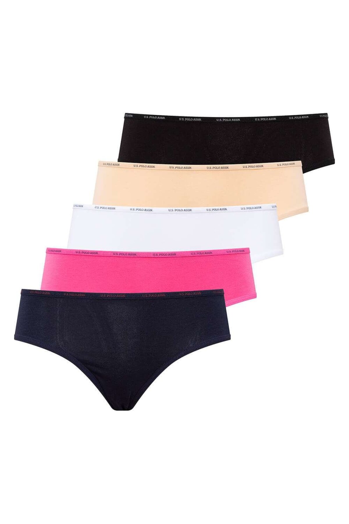 U.S. Polo Assn. 67002, Cotton & Modal & Lycra, 5 Pack, Solid Colors, Women’s High Waist Brief Set, Black & White & Beige & Fuchsia & Navy Blue