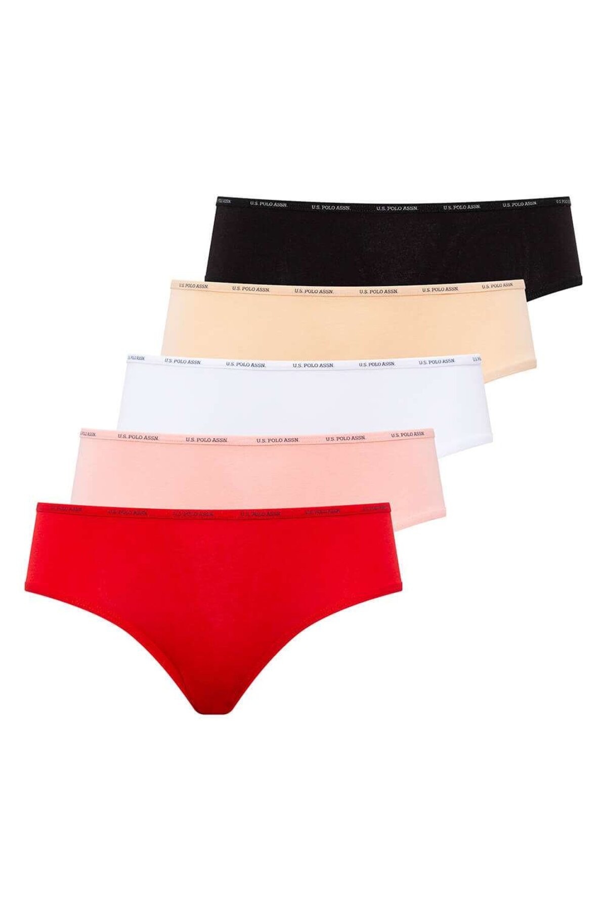 U.S. Polo Assn. 67002, Cotton & Modal & Lycra, 5 Pack, Solid Colors, Women’s High Waist Brief Set, Black & White & Beige & Salmon & Red