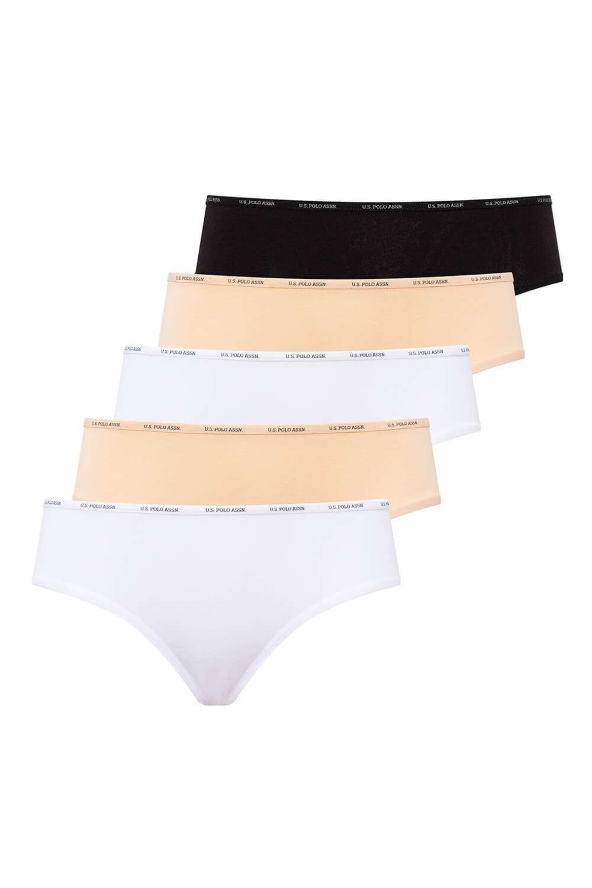 U.S. Polo Assn. 67002, Cotton & Modal & Lycra, 5 Pack, Solid Colors, Women’s High Waist Brief Set, Black & White & Beige