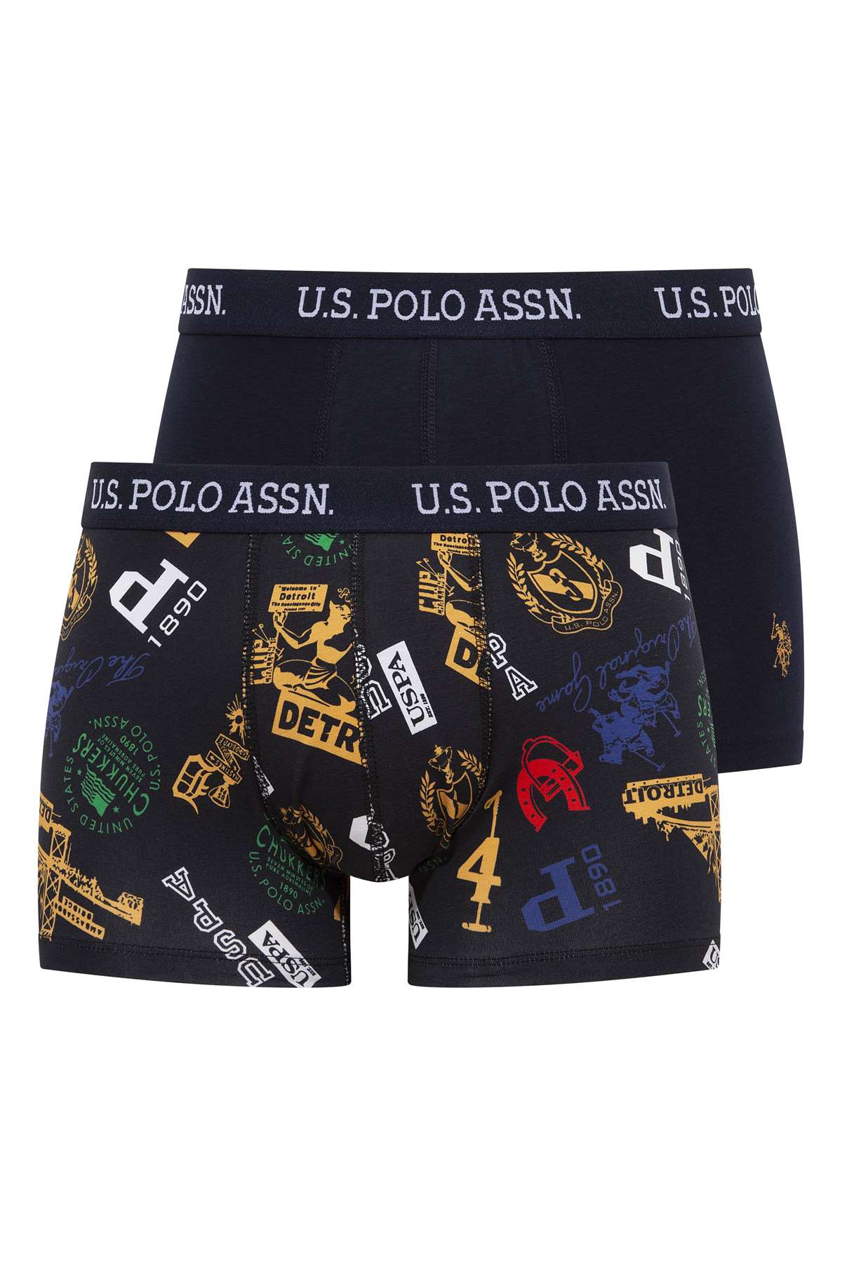 U.S. Polo Assn. 80476 2 Pack Elastic Waist Cotton Lycra Mens Boxer Set Printed Navy Blue