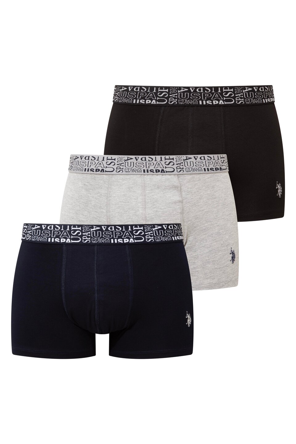 U.S. Polo Assn. 80543 3 Pack Elastic Waist Cotton Lycra Mens Boxer Set Black Navy Blue Gray