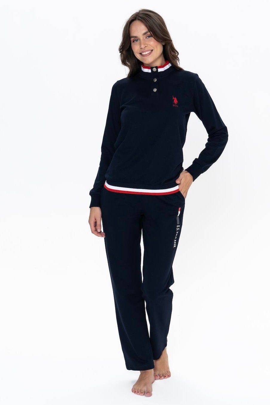 U.S. Polo Assn. Women’s Pajama Set, 20112, Buttoned Collar, Pocketed, Navy Blue