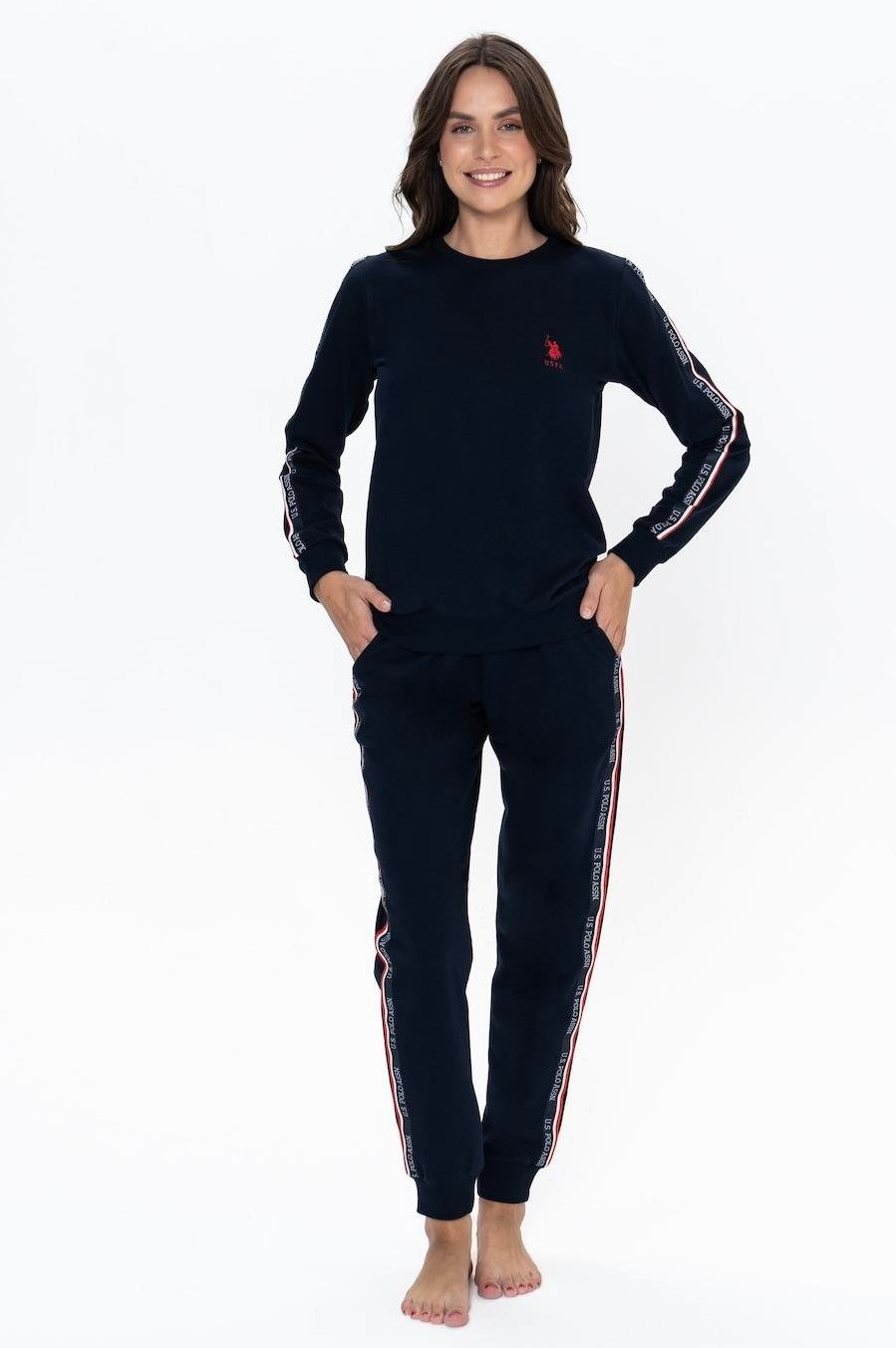 U.S. Polo Assn. Women's Pajama Set, 20113, Elasticated Sleeve & Leg, Round Collar, Pocketed, Navy Blue