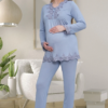 Mecit Pijama 1501, Pamuklu & Viskon, Kolay Emzirmeli, Dantelli, Hamile & Lohusa Pijama Takımı, Mavi
