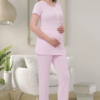 Mecit Pijama, Viskon & Pamuklu, Dantelli, Kolay Emzirme, Uzun Sabahlıklı Hamile & Lohusa Pijama Takımı 1541 Pembe yan